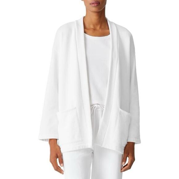 Eileen Fisher White Organic Cotton Open Front Pockets Boxy Jacket Cardigan XS - Picture 7 of 11